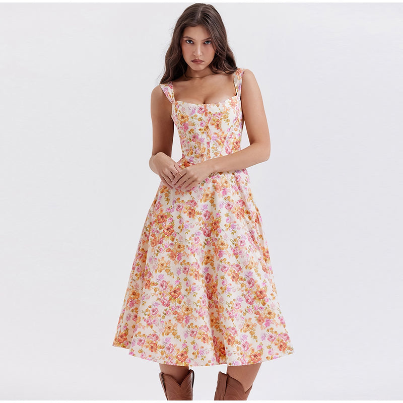 printed spaghetti strap midi dress, view 3 - MRSLM