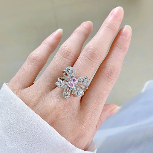 pink bow simulated diamond silver ring - MRSLM