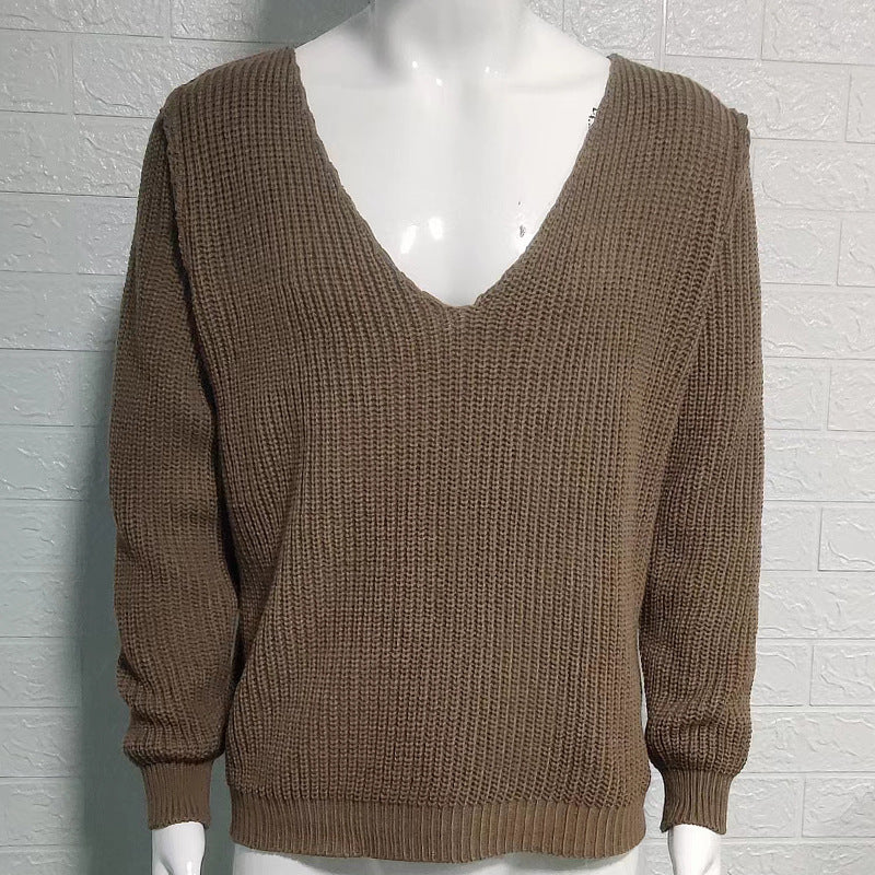 V-neck Sweater Men's Solid Color Long Sleeve Fashionable Knitted Sweater