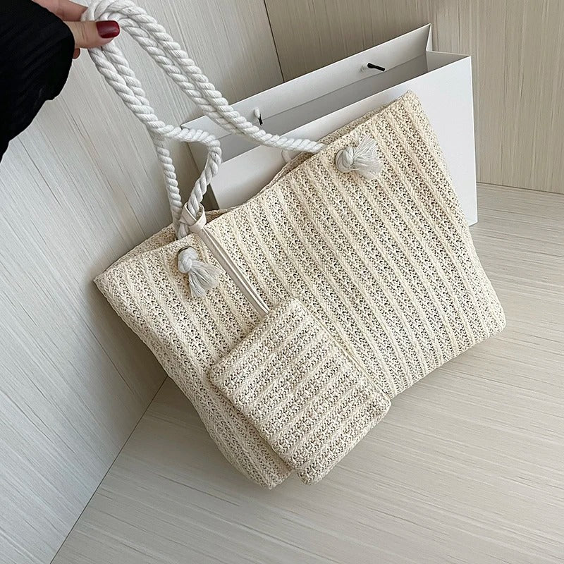 woven summer straw tote bag with mini purse, view 4 - MRSLM