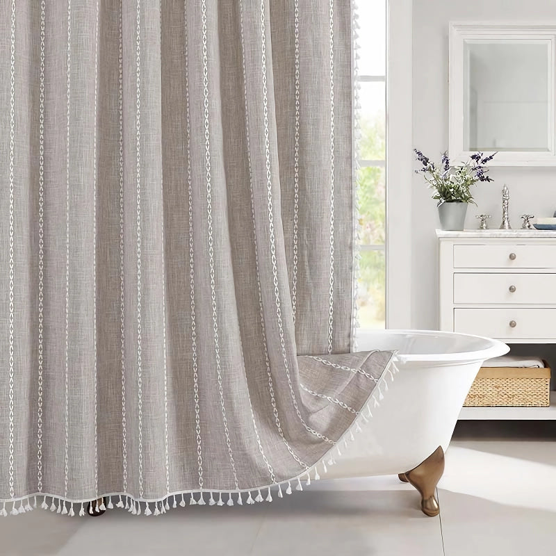 bohemian tassel shower curtain, view 3 - MRSLM