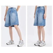 high-waisted straight denim shorts, view 7 - MRSLM