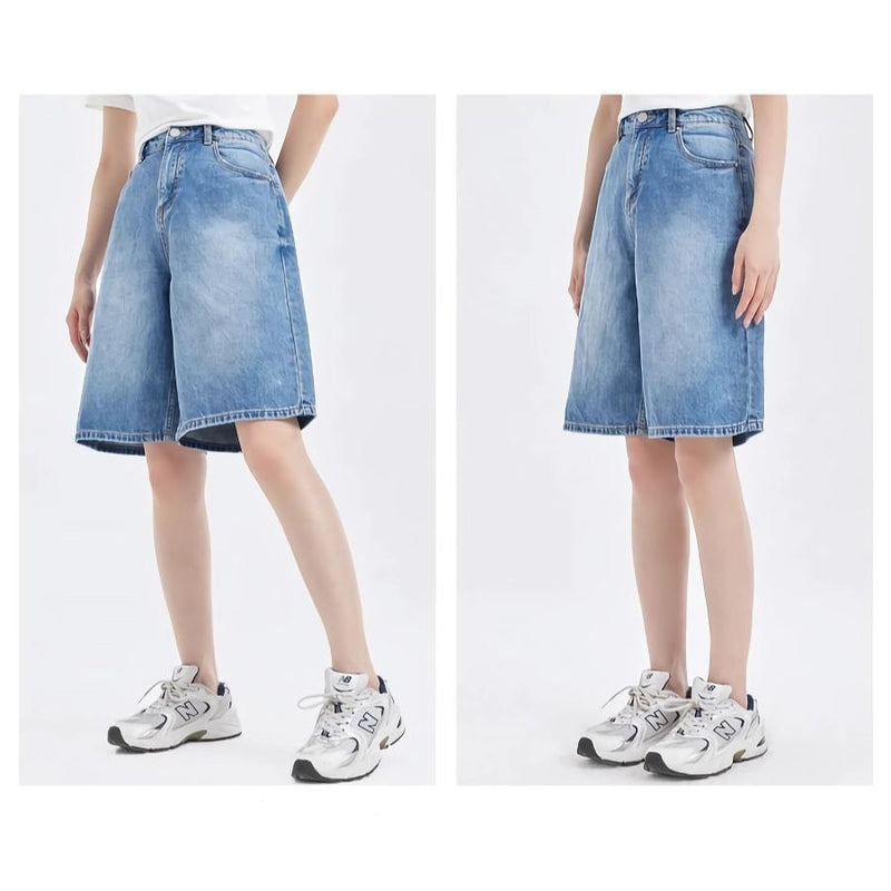 high-waisted straight denim shorts, view 7 - MRSLM