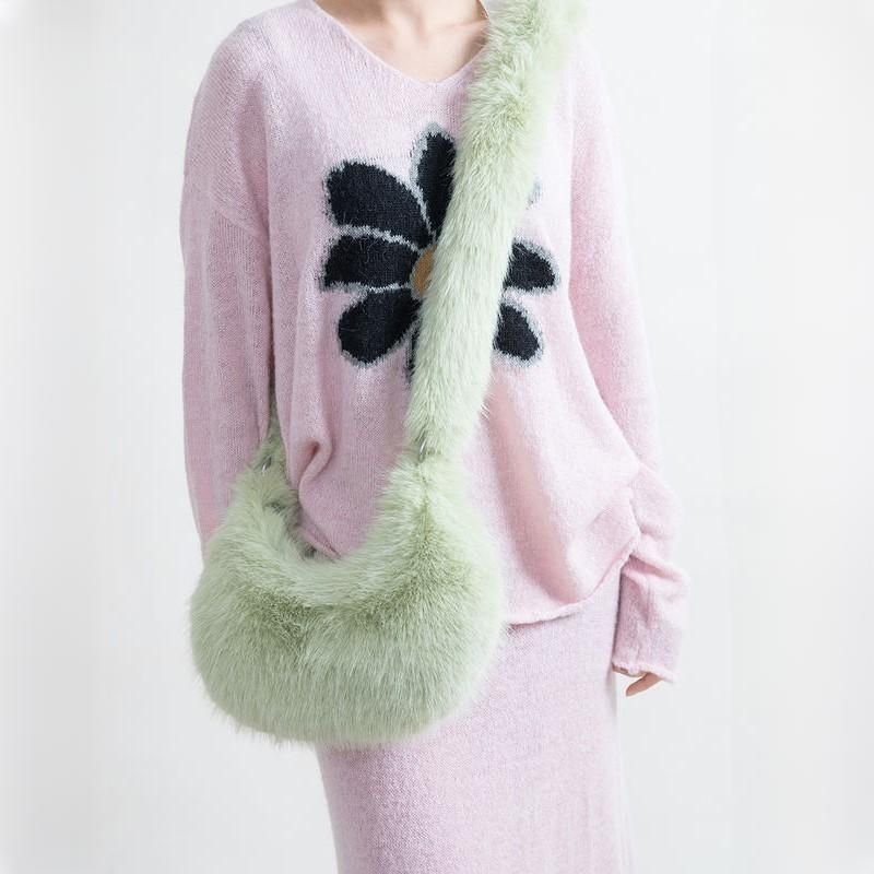 fuzzy faux fur half moon shoulder bag, view 8 - MRSLM