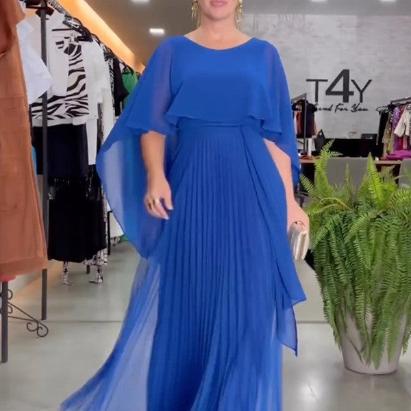 Women's pleated chiffon cape sleeve maxi dress - MRSLM