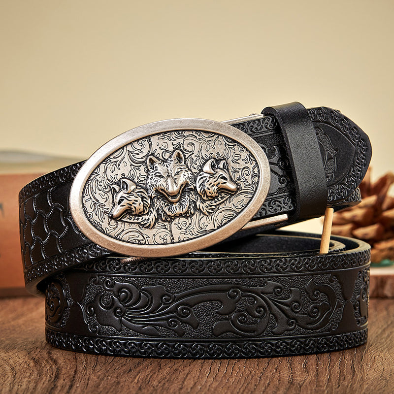 men's 3.5CM retro leather belt wolf buckle, view 3 - MRSLM