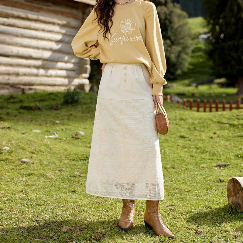 lace embroidery a-line patchwork skirt, view 3 - MRSLM