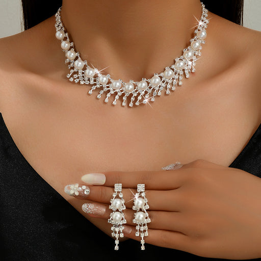 Pearl and crystal choker necklace and earrings set - MRSLM