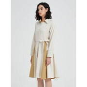 beige a-line long sleeve dress with belt, view 4 - MRSLM