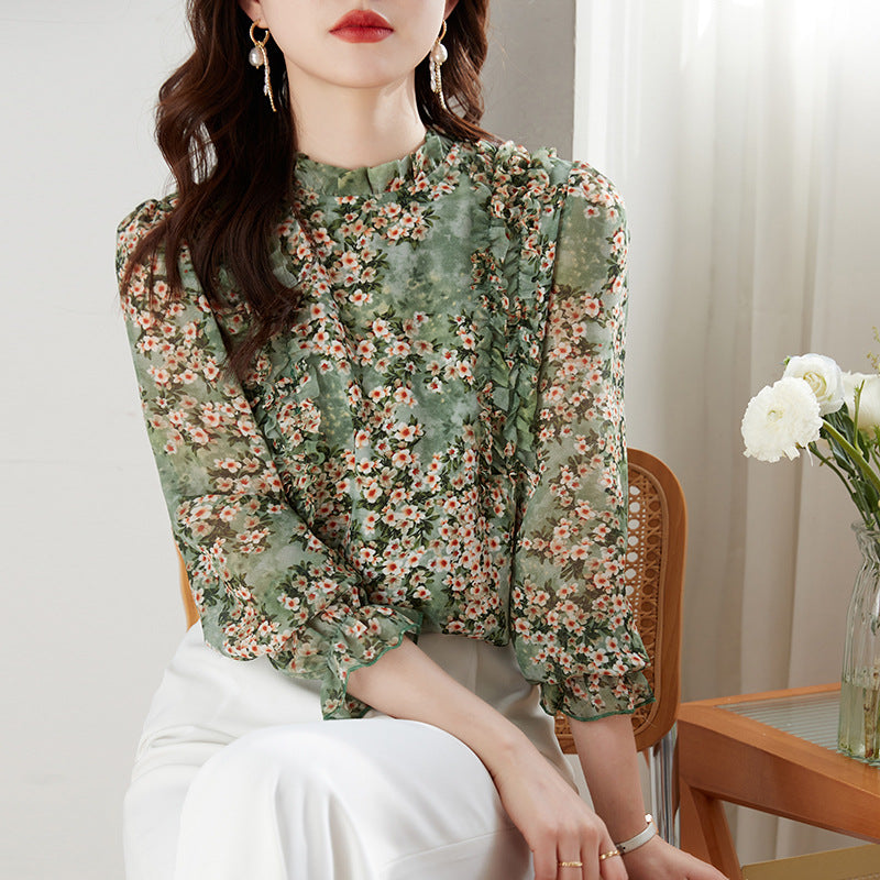 women's printed chiffon ruffle collar blouse, view 4 - MRSLM