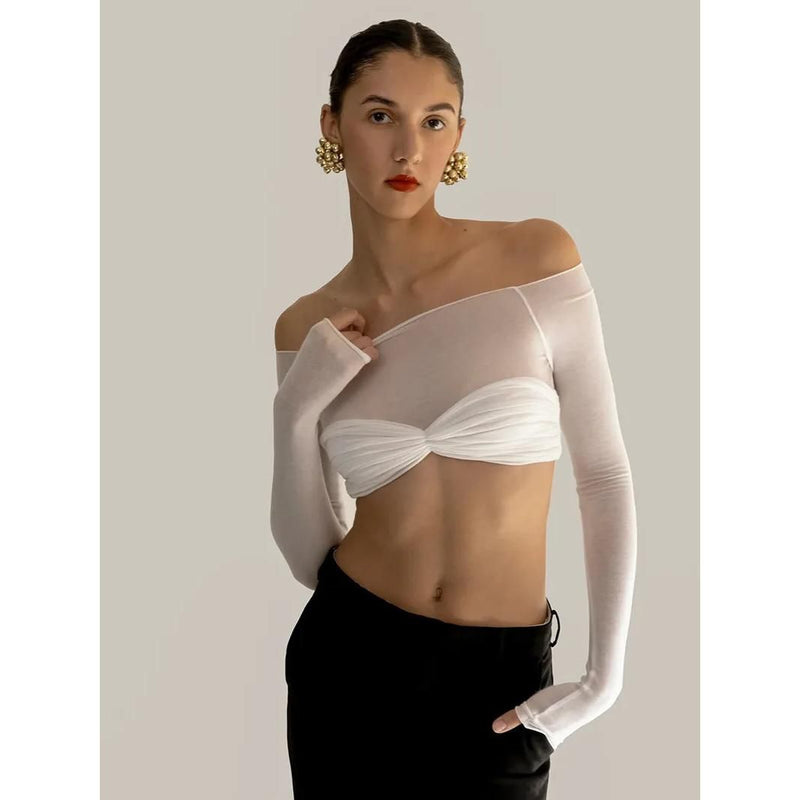 off-shoulder mesh crop top, view 2 - MRSLM
