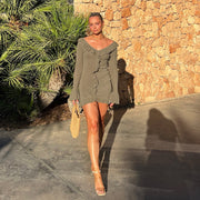 slim knit ruffled long sleeve dress, view 4 - MRSLM