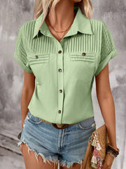 Lapel pleated pocket short sleeve top, view 7 - MRSLM