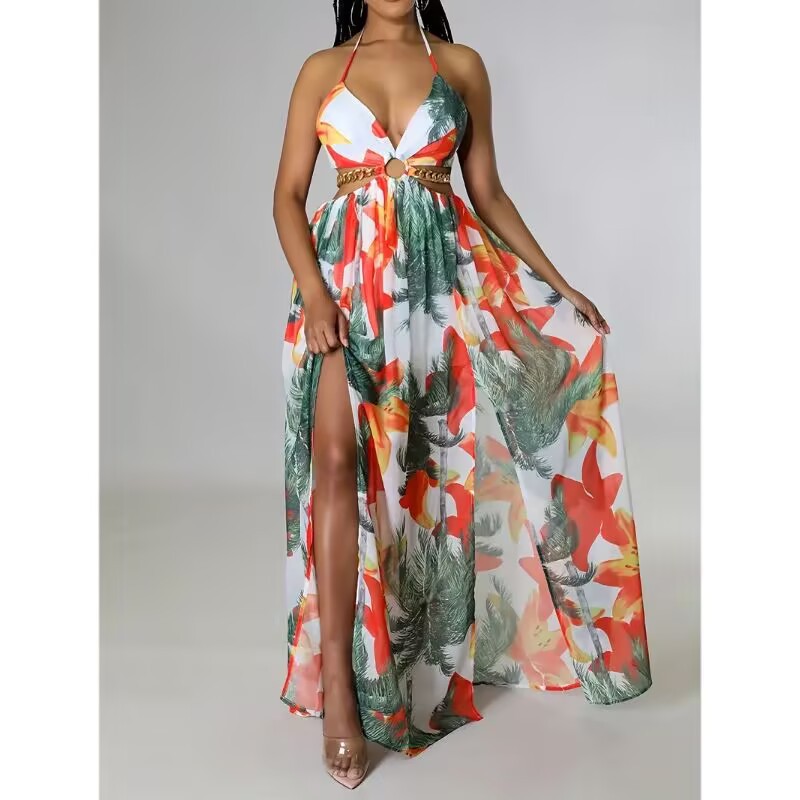 floral backless side-slit dress, view 3 - MRSLM