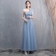 gray-blue off-shoulder banquet dress, view 10 - MRSLM