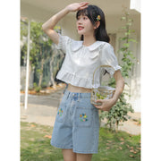 light blue embroidered denim shorts, view 7 - MRSLM