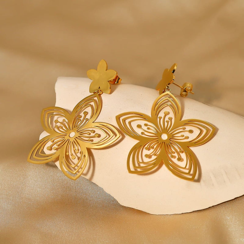 gold flower drop earrings, view 3 - MRSLM