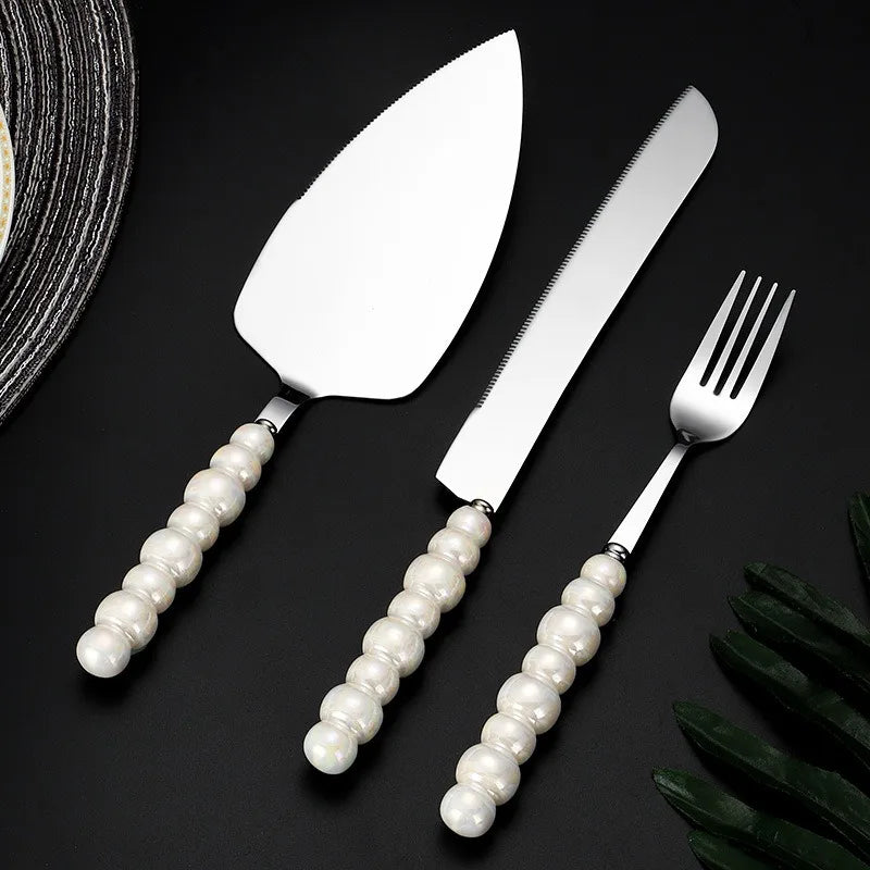 pearl ceramic handle cake knife set, view 6 - MRSLM