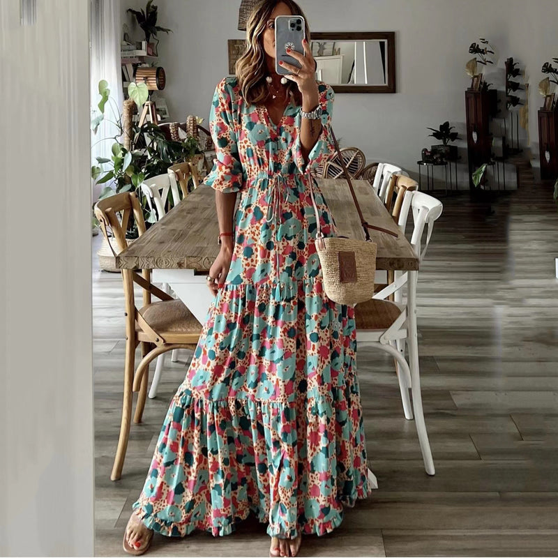 women's v-neck printed swing long dress, view 2 - MRSLM
