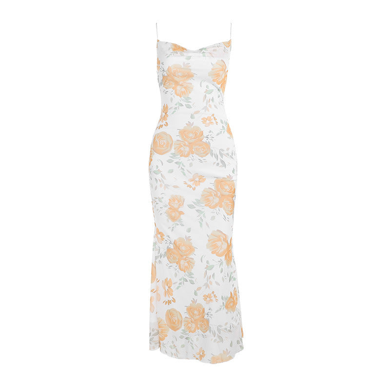 mesh floral print sling slim fit dress, view 5 - MRSLM