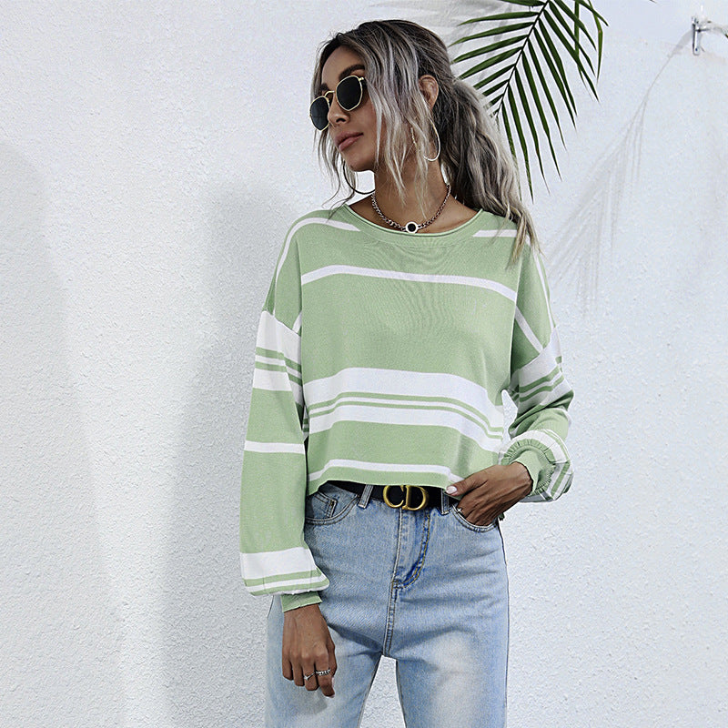 Crew-neck Striped Bottomed Knit Sweater For Women