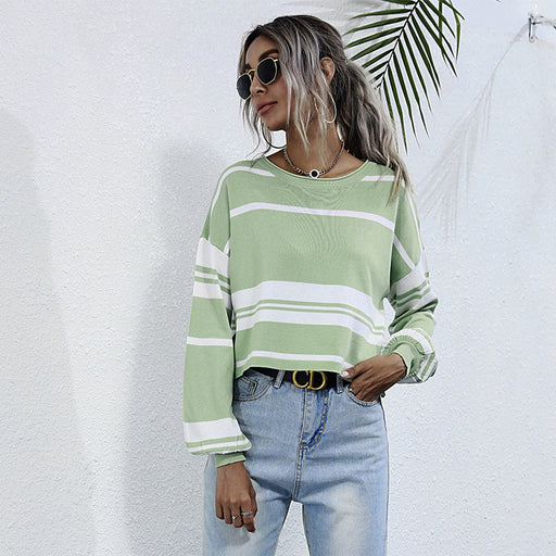 women's crew neck striped knit sweater, view 3 - MRSLM