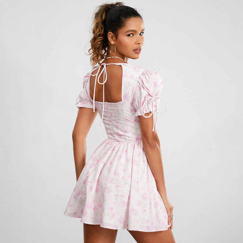 floral v-neck mini dress, view 4 - MRSLM