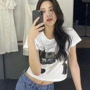 cat letter print crew neck cotton t-shirt - MRSLM