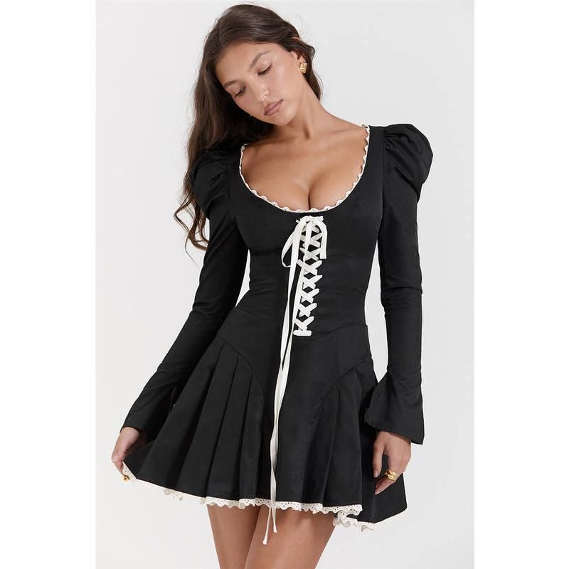 puff sleeve lace bandage mini dress, view 8 - MRSLM