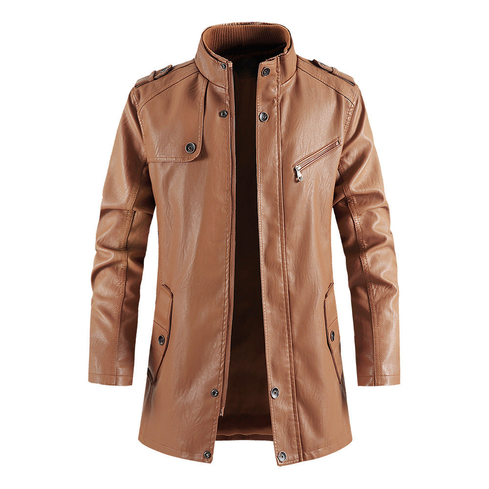 Men's Fashionable Standing Collar Plush PU Leather Jacket