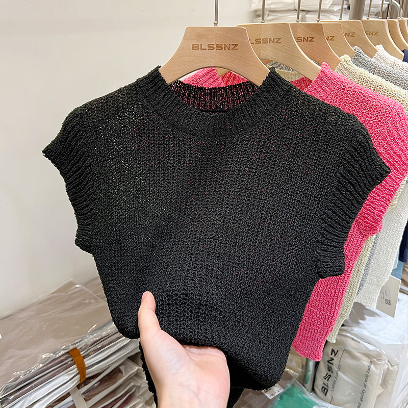 women's open knit short sleeve top, view 2 - MRSLM