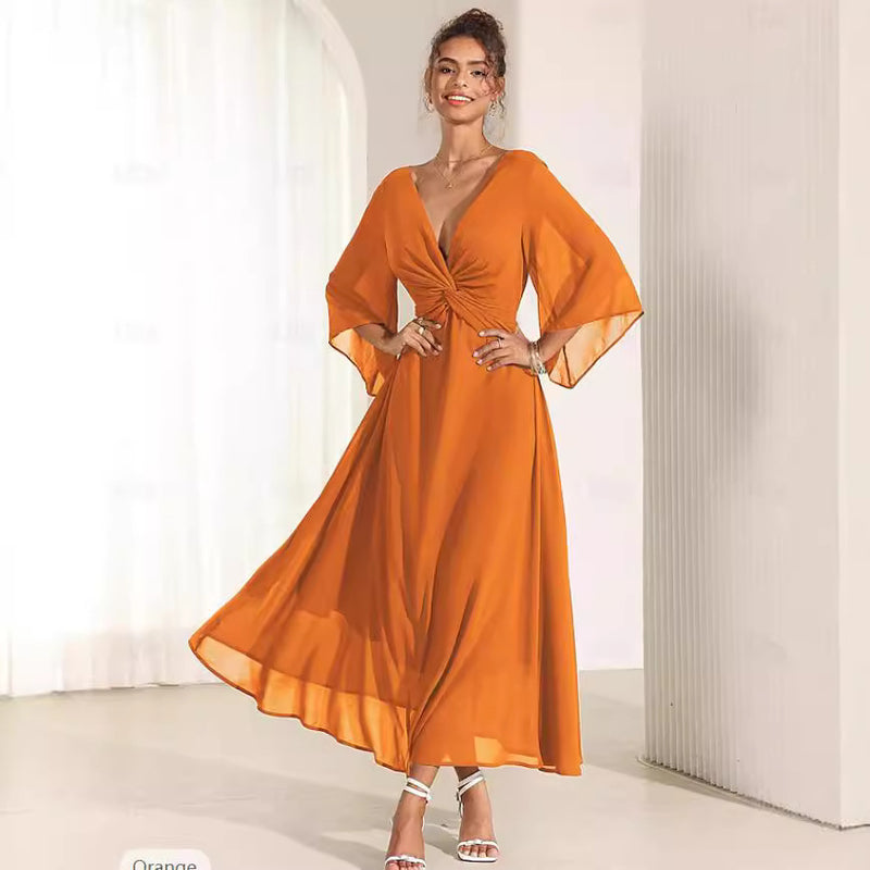 solid v-neck chiffon dress, view 4 - MRSLM