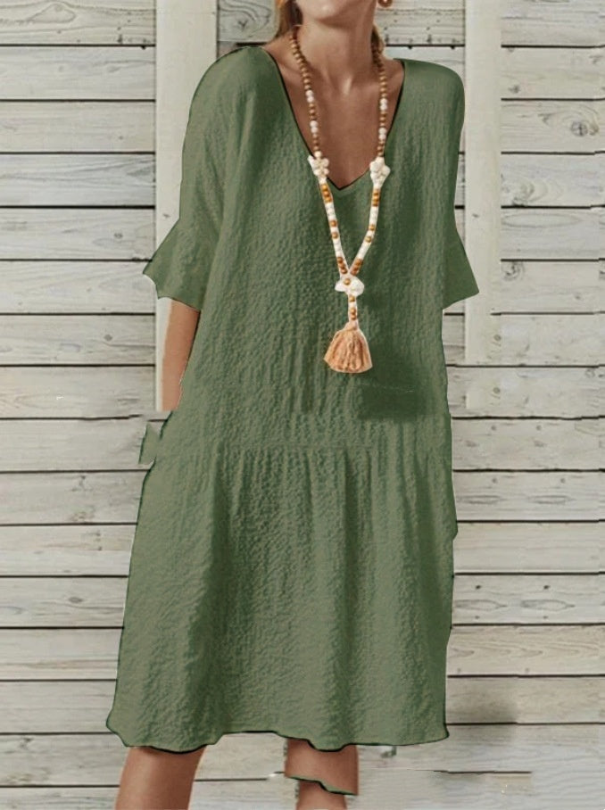 bell sleeve v-neck a-line dress, view 5 - MRSLM