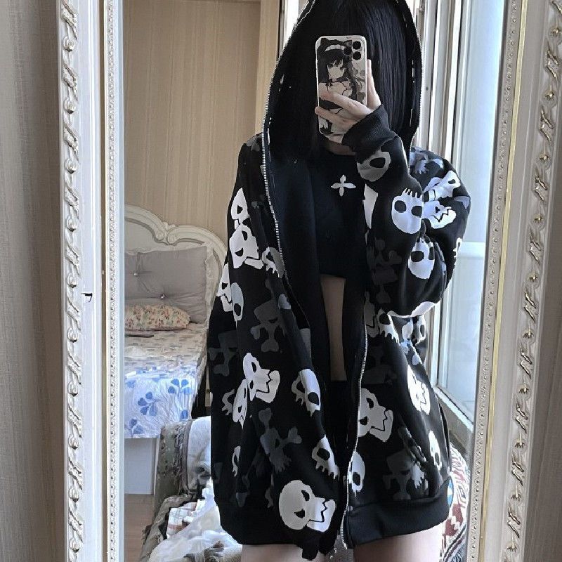 Dark Wind Skull Cardigan Hoodie Oversize Loose Hooded Zipper Thin Style Coat