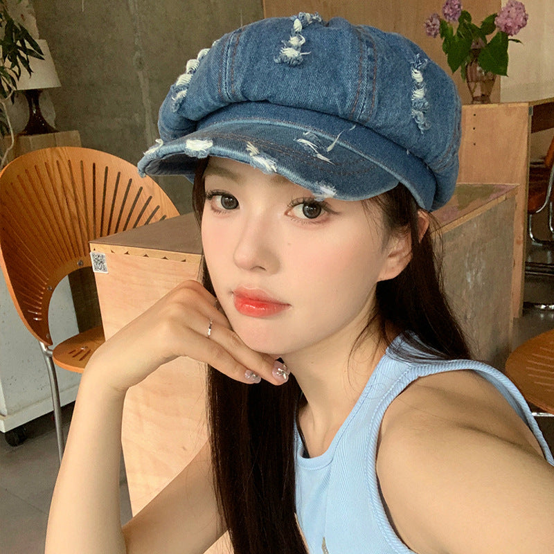 retro ripped denim beret, view 9 - MRSLM