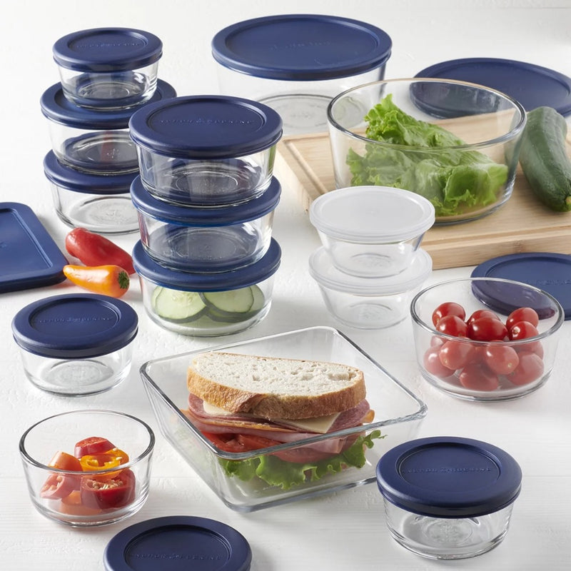 30-piece glass food storage set with navy lids, view 4 - MRSLM