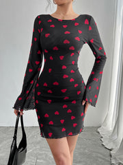 heart print flare sleeve backless mesh dress, view 6 - MRSLM