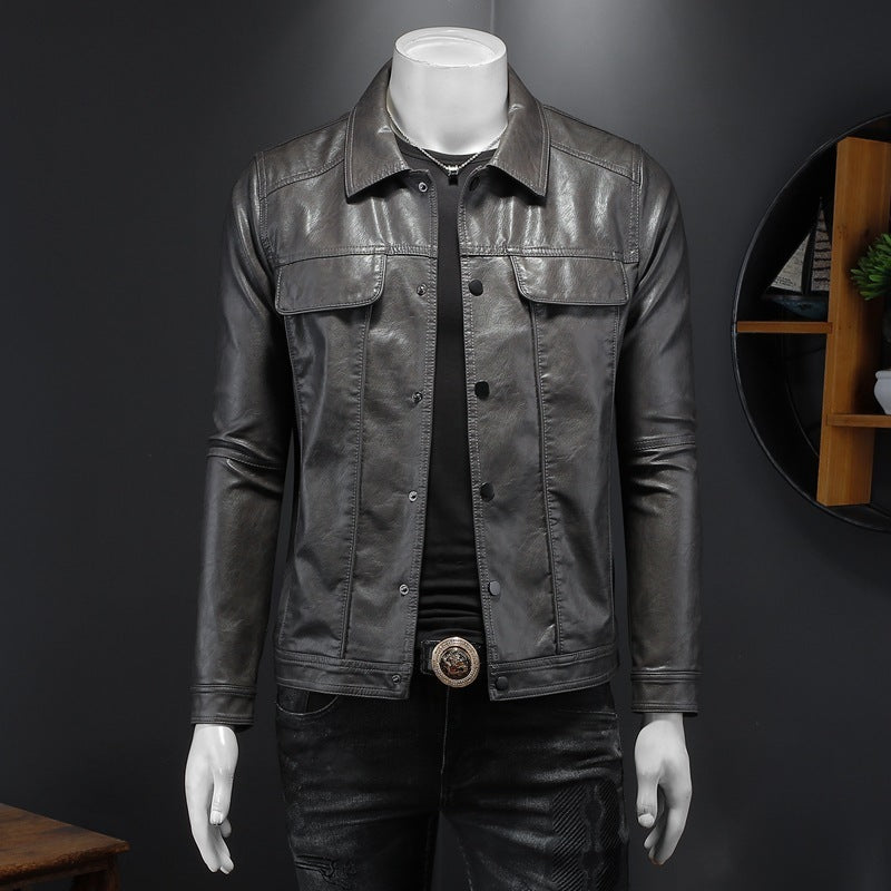 men's lapel pu leather coat, view 3 - MRSLM