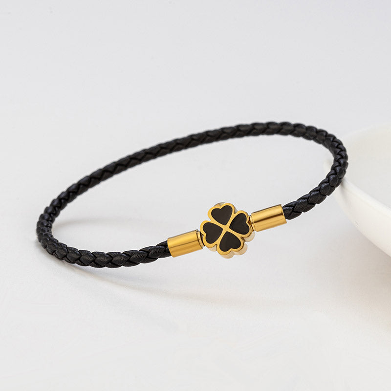 four-leaf clover braided leather bracelet, view 5 - MRSLM