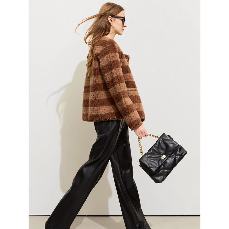 color block wool fleece coat for women, view 5 - MRSLM