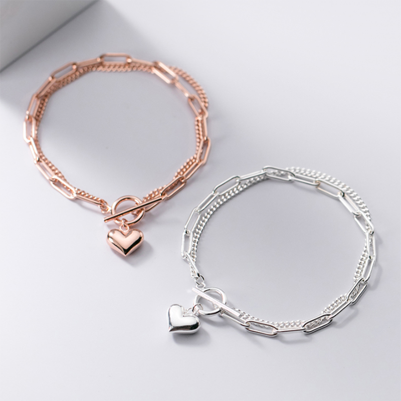 s925 silver double ring heart bracelet, view 6 - MRSLM