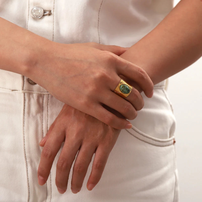 gold plated turquoise stone adjustable ring, view 5 - MRSLM