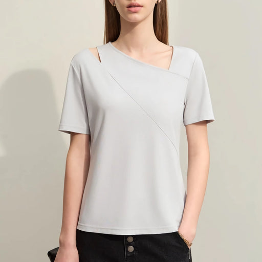 asymmetric V-neck short-sleeve slim top - MRSLM