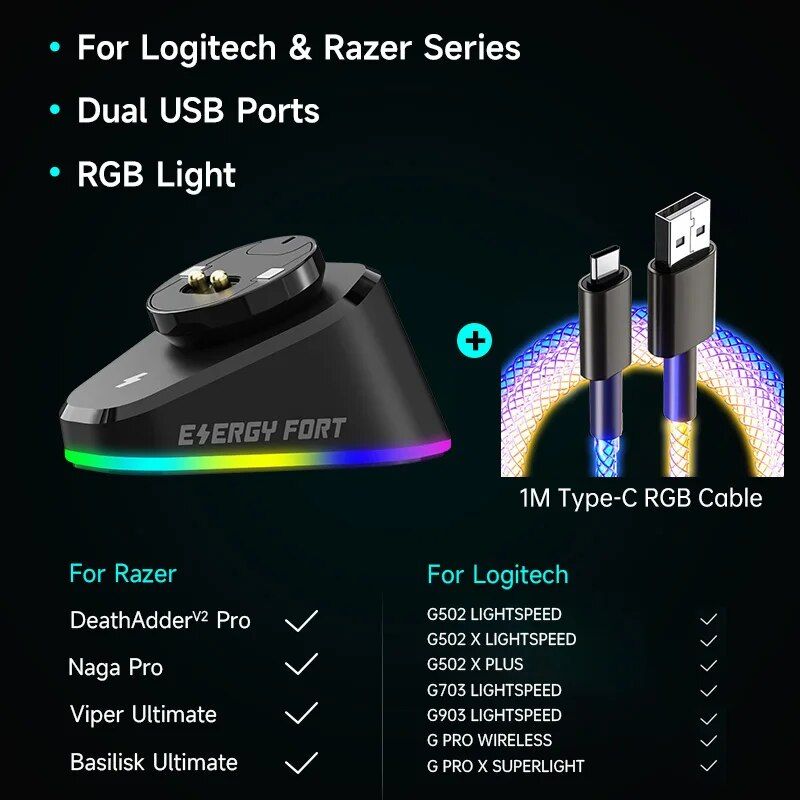 Wireless Gaming Mouse Charging Dock with RGB Indicator