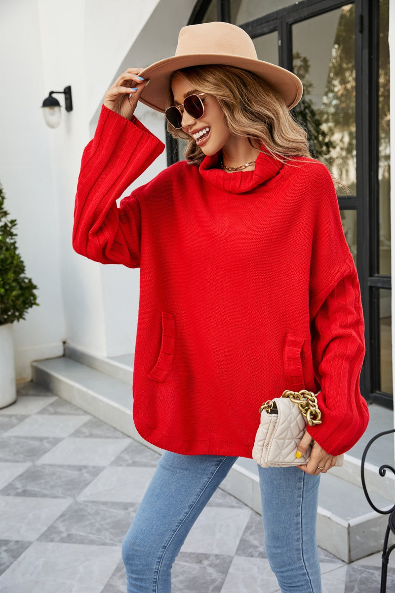 women's loose solid turtleneck knit sweater, view 4 - MRSLM