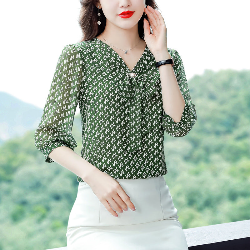 women's floral chiffon v-neck shirt, view 4 - MRSLM
