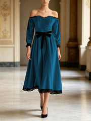 Off-shoulder velvet midi dress with lace trim and bow, view 11 - MRSLM