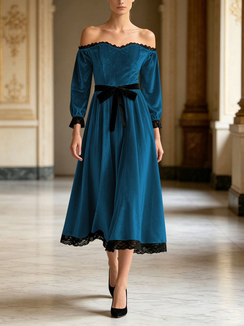 Off-shoulder velvet midi dress with lace trim and bow, view 11 - MRSLM