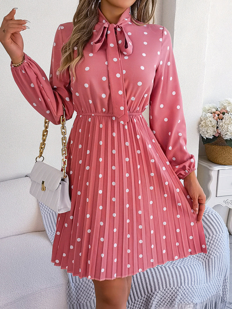 polka dot self-tie long sleeve pleated dress, view 5 - MRSLM