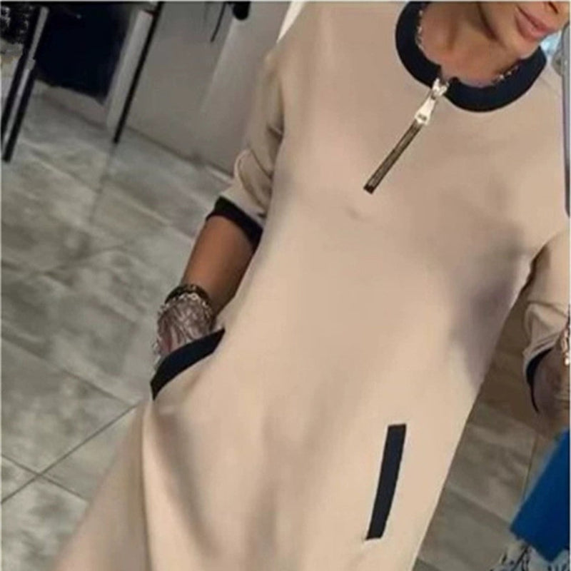 women's midi dress round neck zipper pocket - MRSLM